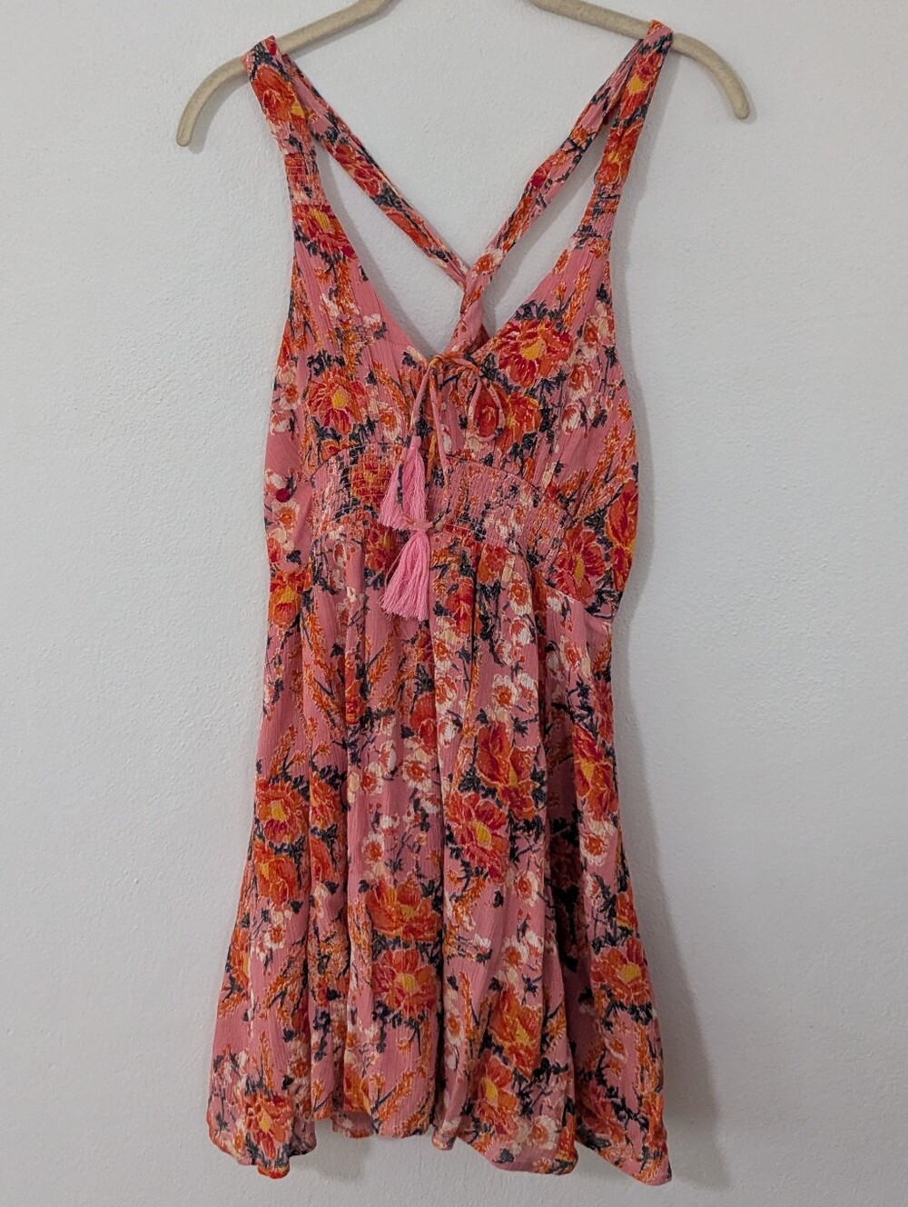 Free People Washed Ashore Mini Dress Cross Back Tassel Floral Orange Small S